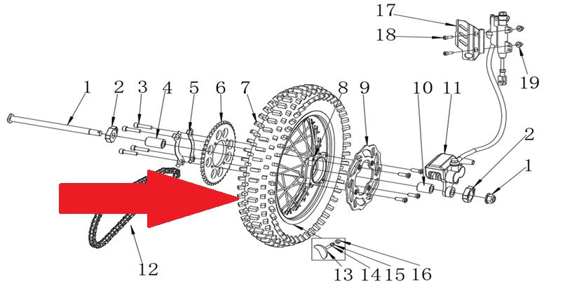 12" Rear Wheel & Tyre Assembly - RFN Thunder Pro 110cc Dirt Bike