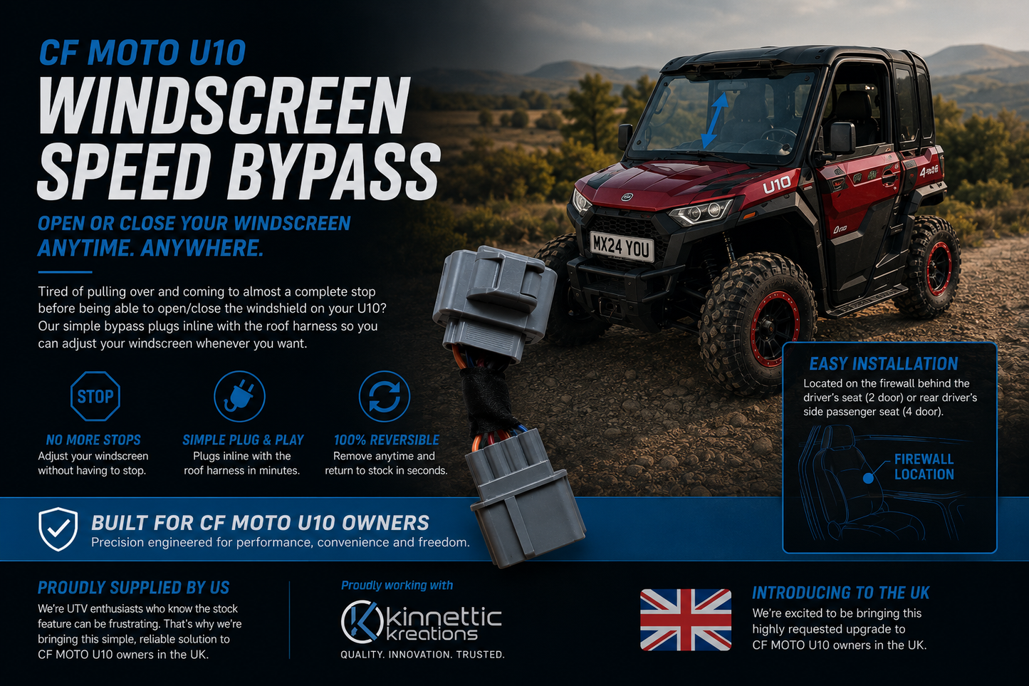 CF MOTO U10 Windscreen Speed Bypass – Plug & Play Harness